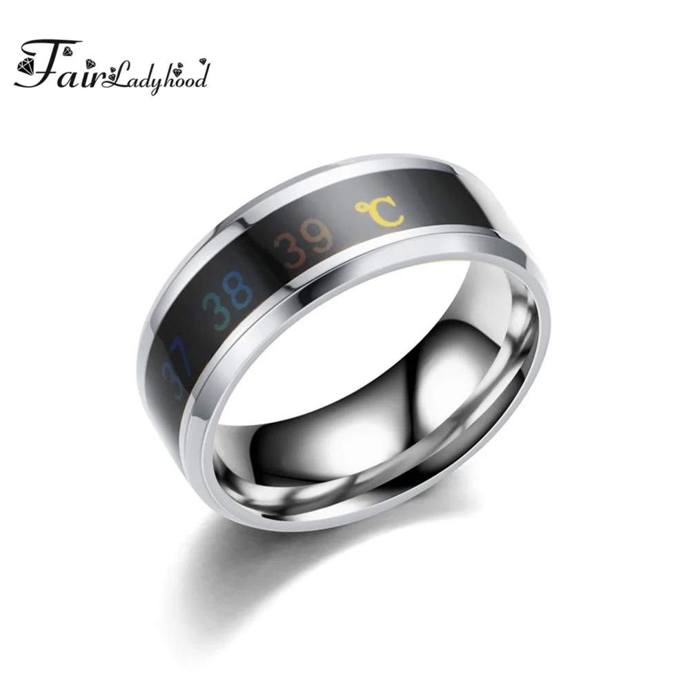 FairLadyHood Black Silver Color Gold Rose Blue Color Intelligent Thermometer Temperature Men Women 316L Stainless Steel Couple