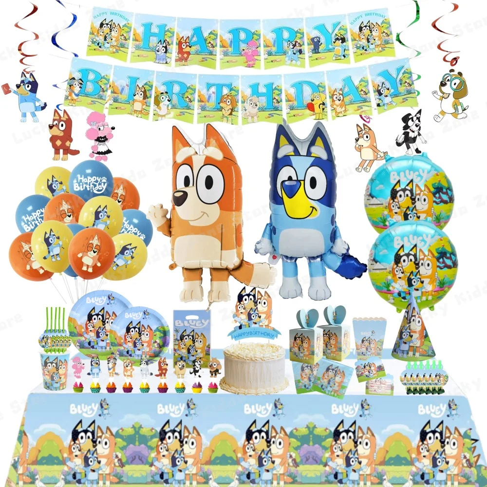 Bluey decoraciones de cumpleaños globos de Bingo de dibujos animados vajilla de papel pegatinas de mantel telón de fondo para niños suministros de fiesta regalos de juguete