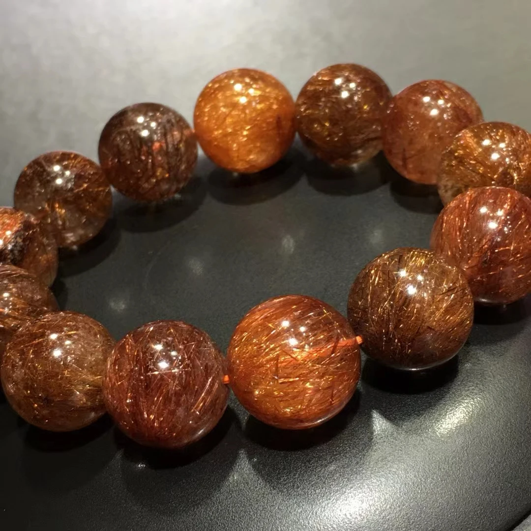 

Natural Copper Rutilated Quartz Clear Round Beads Bracelet Big Size 17mm Cat Eye Women Men Wealthy Colorful Rutilated AAAAA