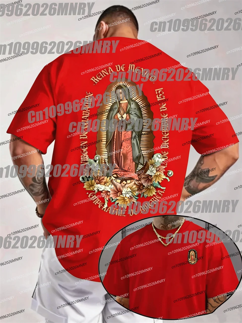 Guadalupe religious T-shirt Men's with a floral print of Our Lady of suitable for Men Oversized t-shirt wear special occasions
