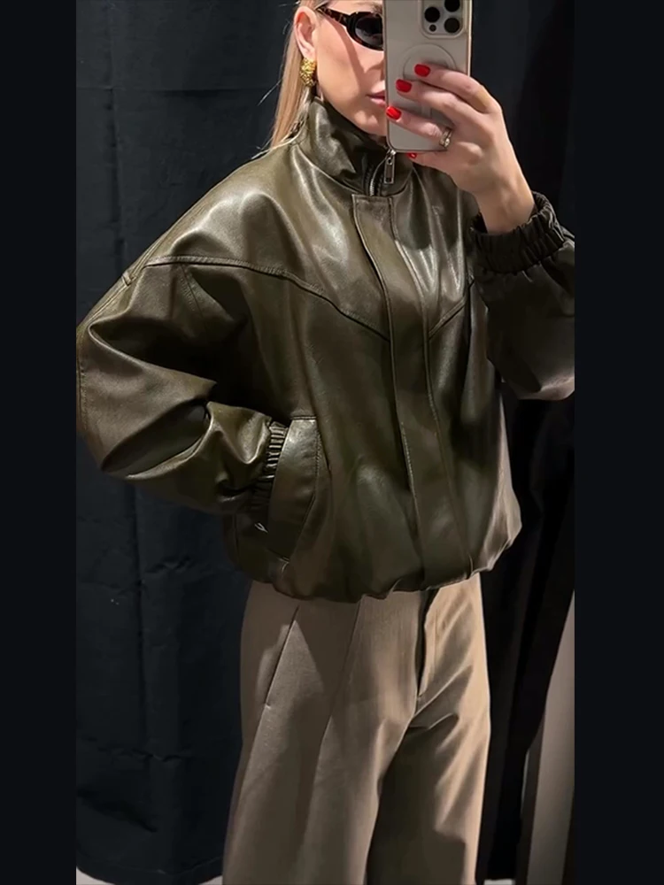 Giacca bomber da strada in ecopelle da donna colletto alla coreana cerniera tasca a maniche lunghe cappotto solido femminile tagliente casual capispalla da donna 2026