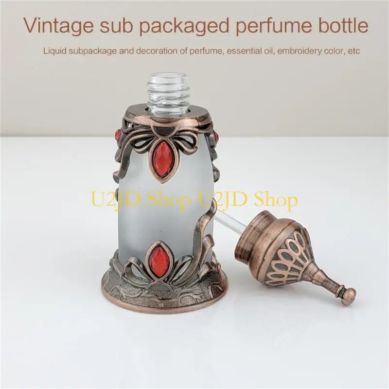 U2JDビンテージガラスエッセンシャルオイル香水用ディスペンサー収納ボトルビンテージ空の人工補充可能な瓶15ml