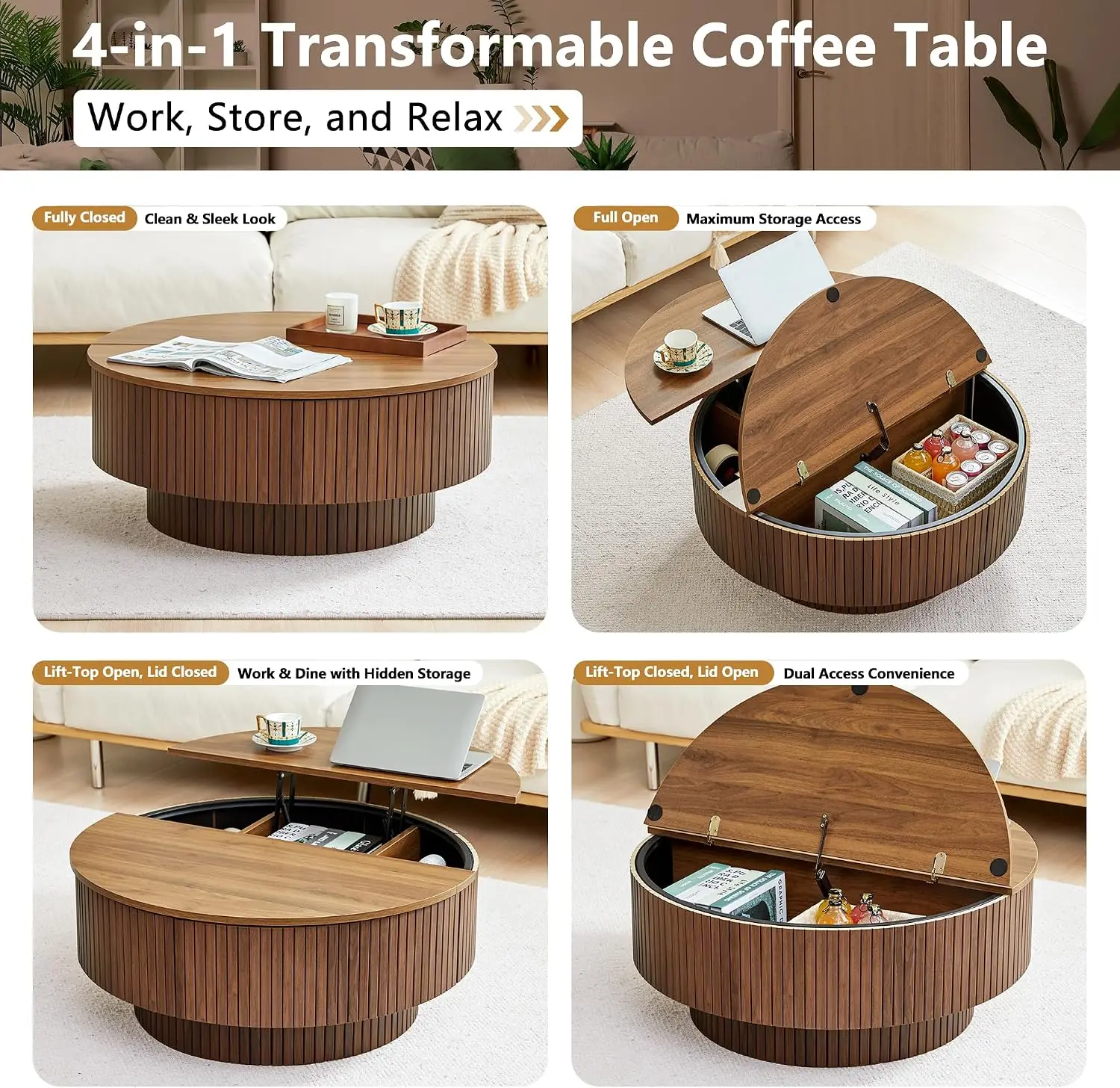 33 Inch Round Coffee Table With Lift Top And Flip Top Storage, Modern Accent Fluted Coffee Tables With Metal Frame, Wooden Circle Center Table For Living Room Small Space Apartment Office, Walnut