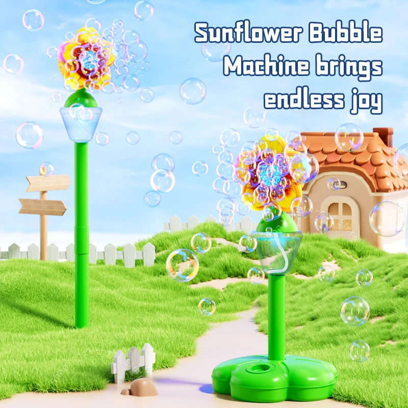 Máquina de burbujas eléctrica con forma de girasol para niños, uso en exteriores, totalmente automática, con altura ajustable y flores de burbujas iluminadas