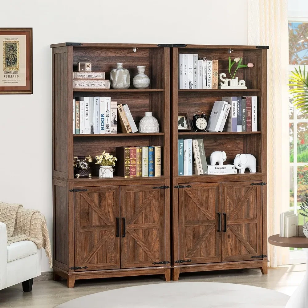 70in Tall Bookshelf 5 Tier Bookcase with Barn Doors and Adjustable Shelves, Brown Farmhouse Book Shelf with Storage Cabinet