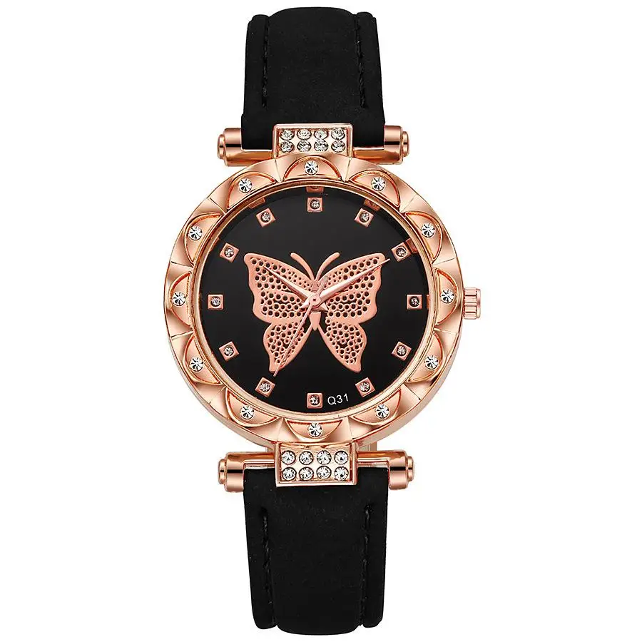 Comercio exterior nuevo diseño listado reloj de cuero esmerilado serie mariposa relojes de mujer con diamantes de imitación