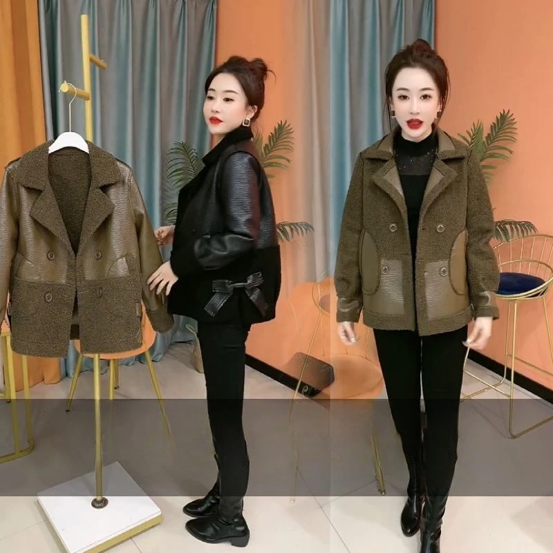 Women Leather Coat New Autumn Winter Fur-Lined PU Leather Coat Fashion Fleece-Lined Warm Reversible Wear Bow Single-Breasted Top