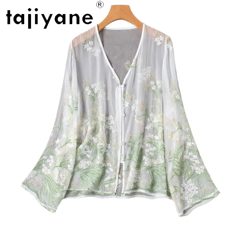 

TAJIYANE 100% Real Mulberry Silk Blouse for Woman Floral Embroidery V-neck Shirts Lightweight Sheer Tops Spring Clothes 2026 셔츠