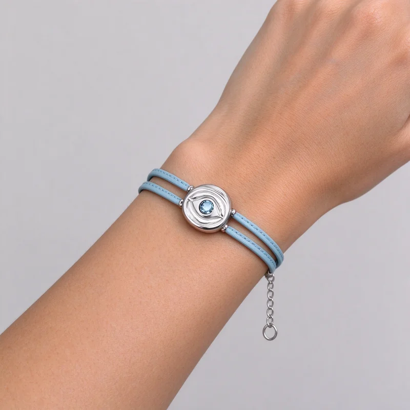 Evil Eye Leather Cord Bracelet for Women Men, Silver Tone Alloy Circular Evil Eye Charm with Sparkling Crystal Pupil, Double Leather Cord Adjustable Bracelet 17-20cm, Hypoallergenic Alloy Boho Protection Amulet Jewelry for Daily Wear Party Vacation Gift