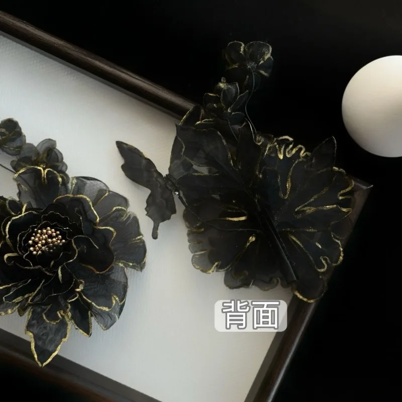 Antique Gold Painted Dark Peony Hot Stamping Butterfly Hair Clip Versatile Goth Hair Accessory for Women Handmade Daily Wear