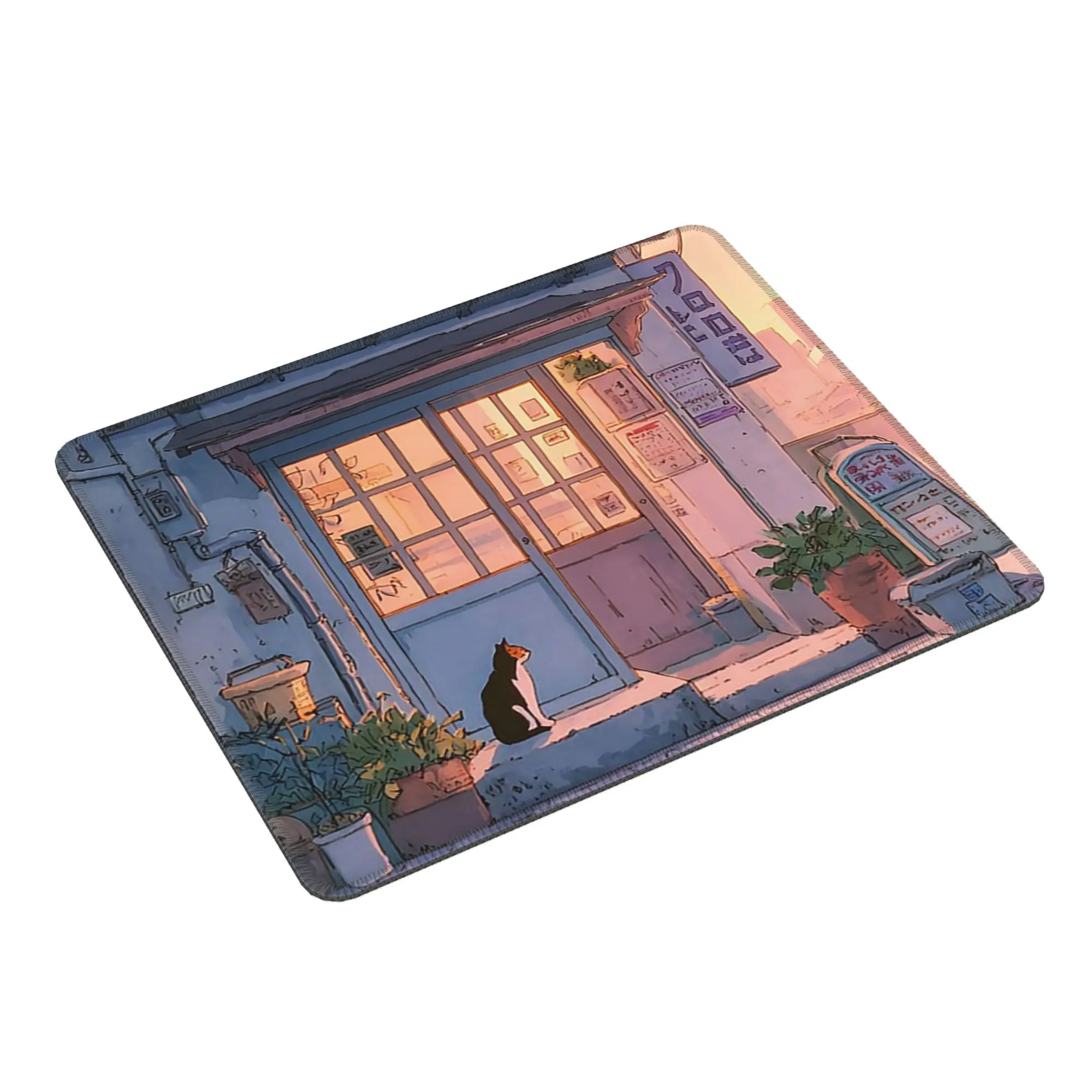 Anime Cat Strolling in Dreamy City Mouse Pad Computer Keyboard Mouse Mat Gamer PC Laptop Desk Mat Office Accessories Table Mats