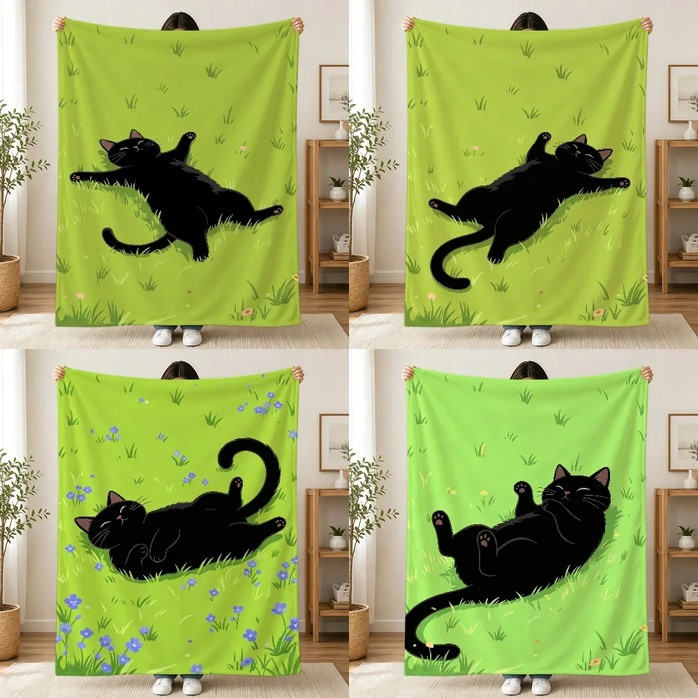 Cute Black Cat Sleeping Throw Blanket for Couch Bedding Pet Lover Gift Cozy Home Decor 150x230cm