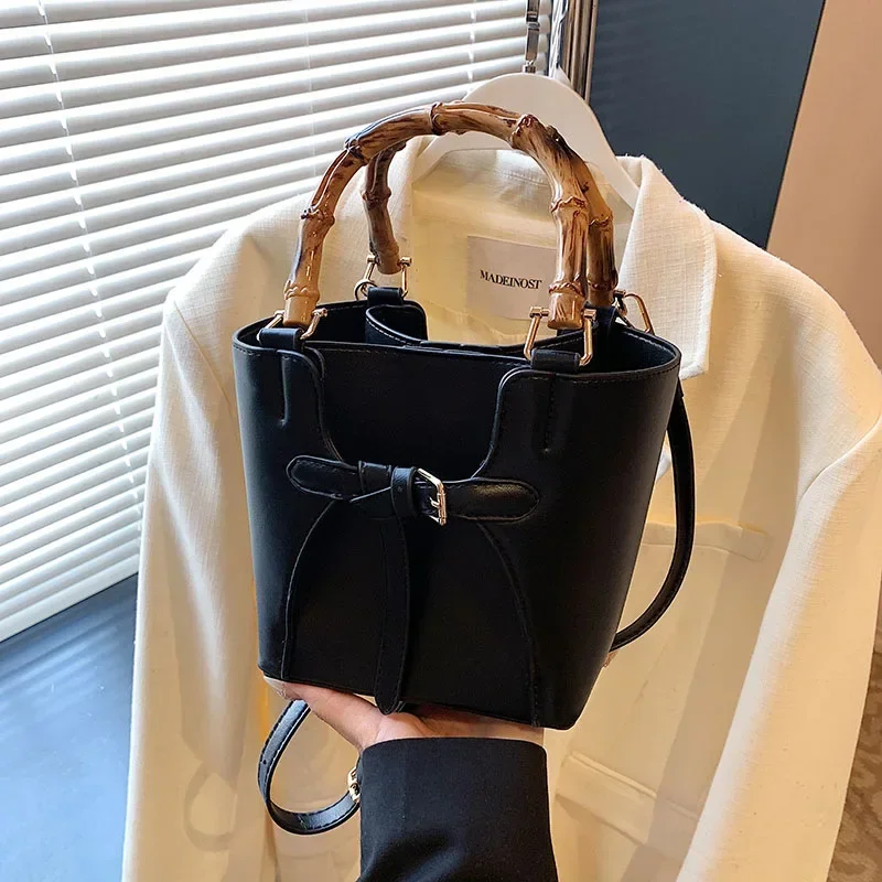 

2025 New PU Leather Bamboo Bucket Tote for Women - Large Capacity Shoulder Crossbody Bag | Versatile for Shopping & Travel