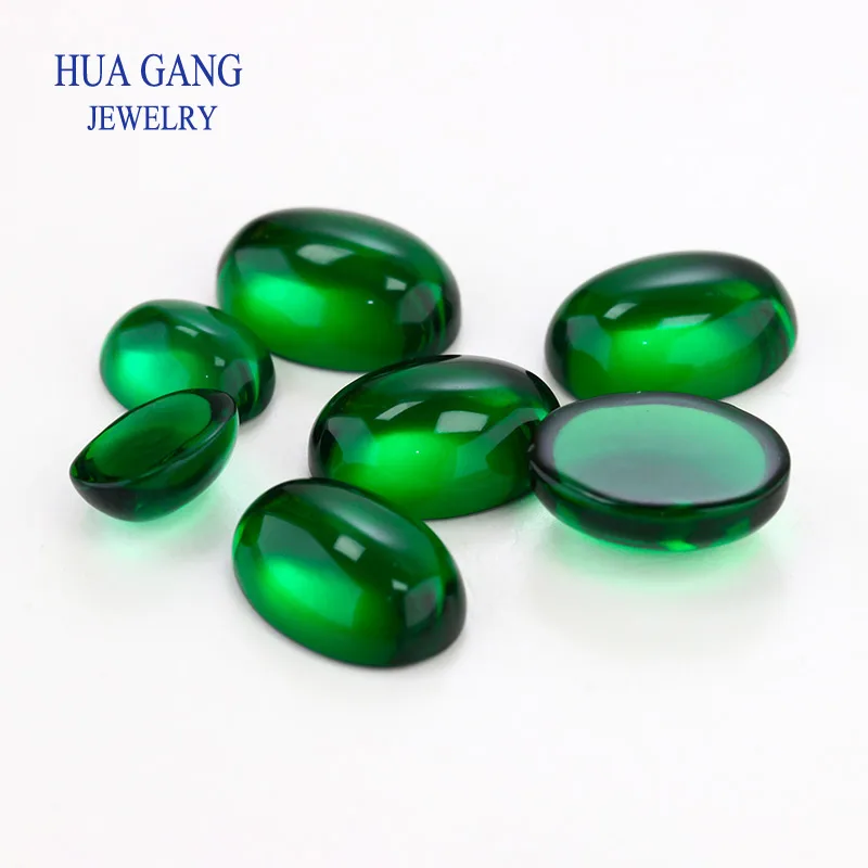 Flat Bottom Green color Glass Beads Stone Oval Shape Cabochon Cut Loose glass GemStone For Jewelry