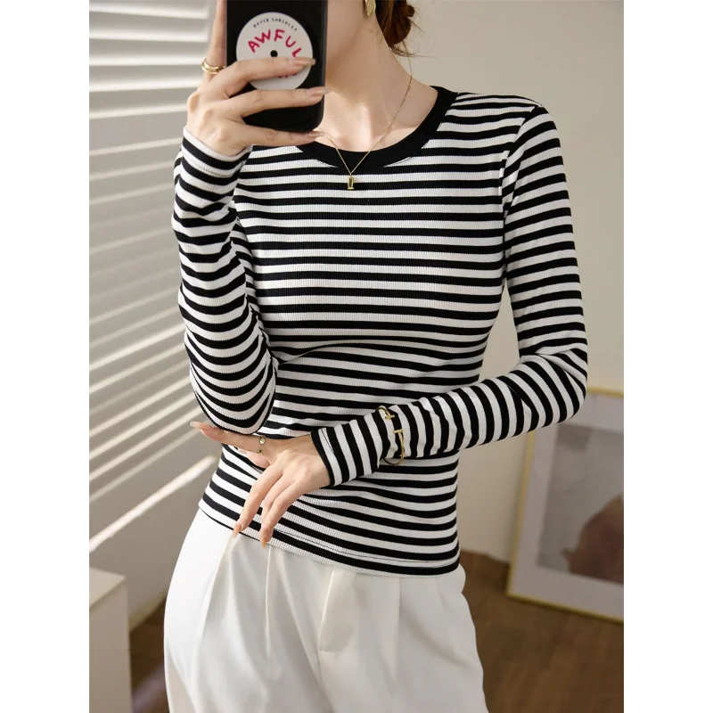 

Pure Cotton Black White Striped T-shirt Women's Autumn Winter New Slim Tops Long-sleeved Bottoming Shirt