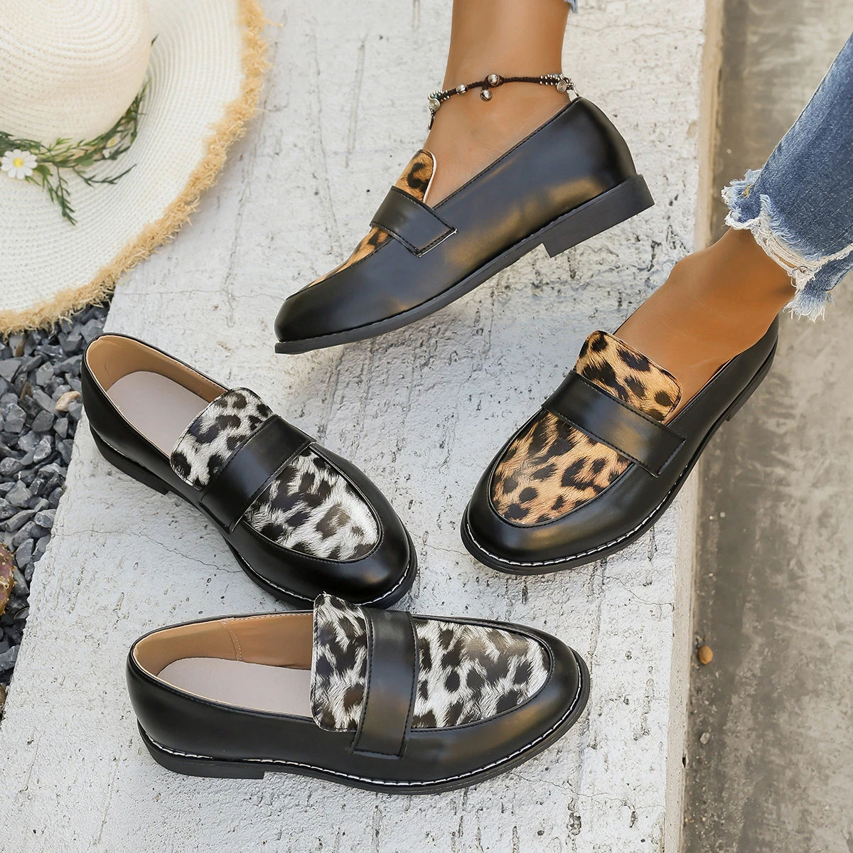

Женские туфли с круглым носком и низким вырезом, новинка весны и осени 2024, модные женские дизайнерские леопардовые декоративные повседневные лоферы