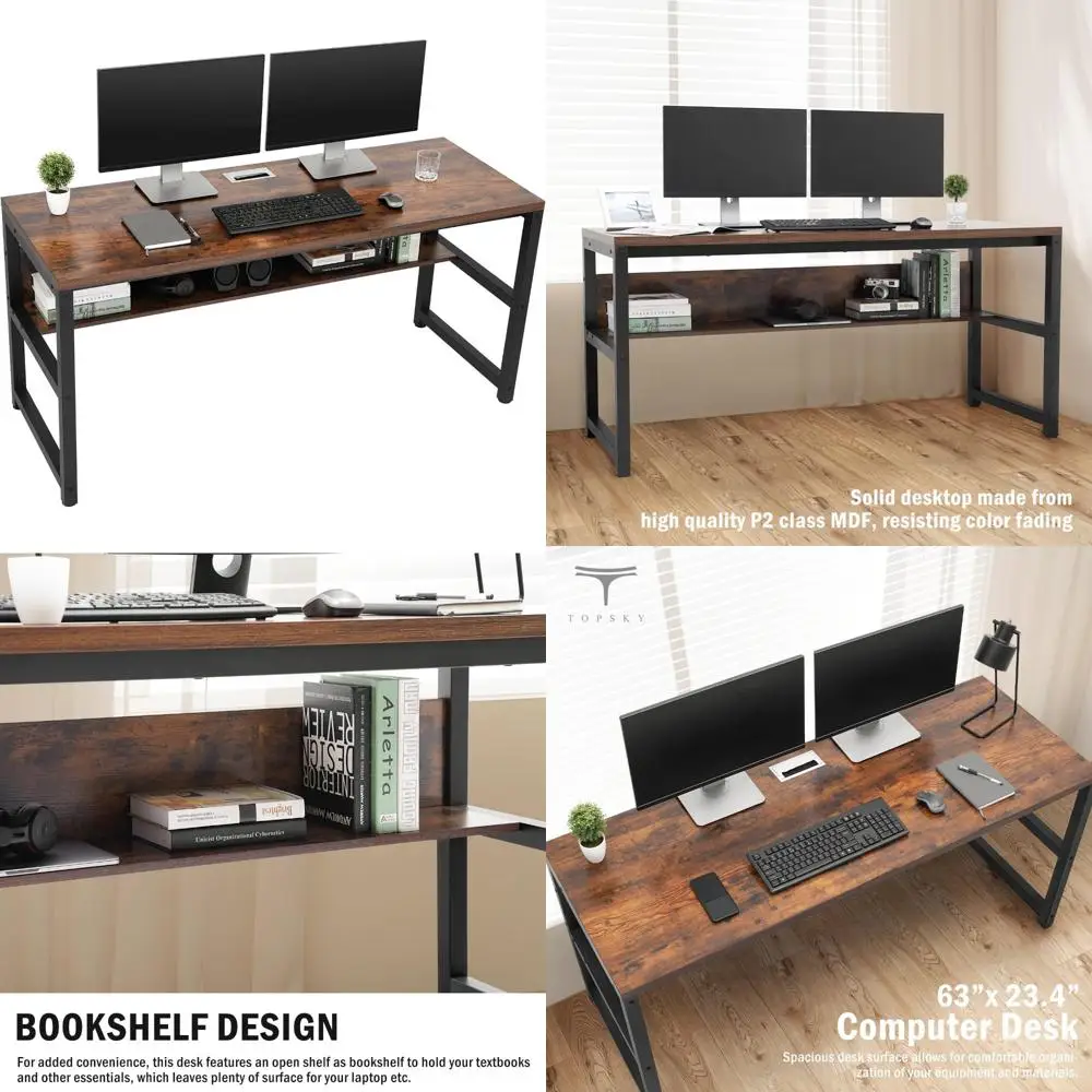 Rustic Brown Wooden Desk with Bookshelf and Metal Cable Management, 63 Thick