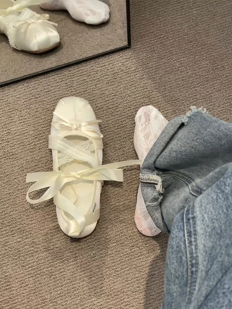 

Sweet Knot Ballet Flat Shoes Square Head Soft Bottom Comfortable Mary Janes Fashionable All-Match Spring Shoes