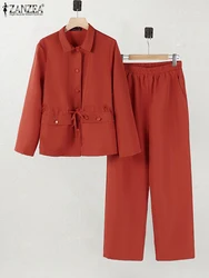 ZANZEA Autumn Casual Solid Work Outifits Matching Sets  Woman Long Sleeve Cargo Shirt Pants Suits Women's Tracksuit 2 Piece Sets