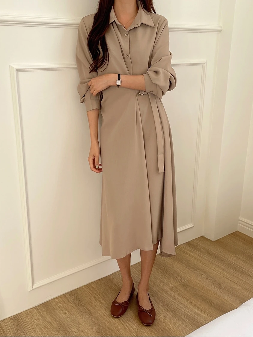 REALEFT Elegant Irregular Women's A-line Dresses 2025 New Long Sleeve Single Breasted Lace-up Casual Loose Shirts Dress Female