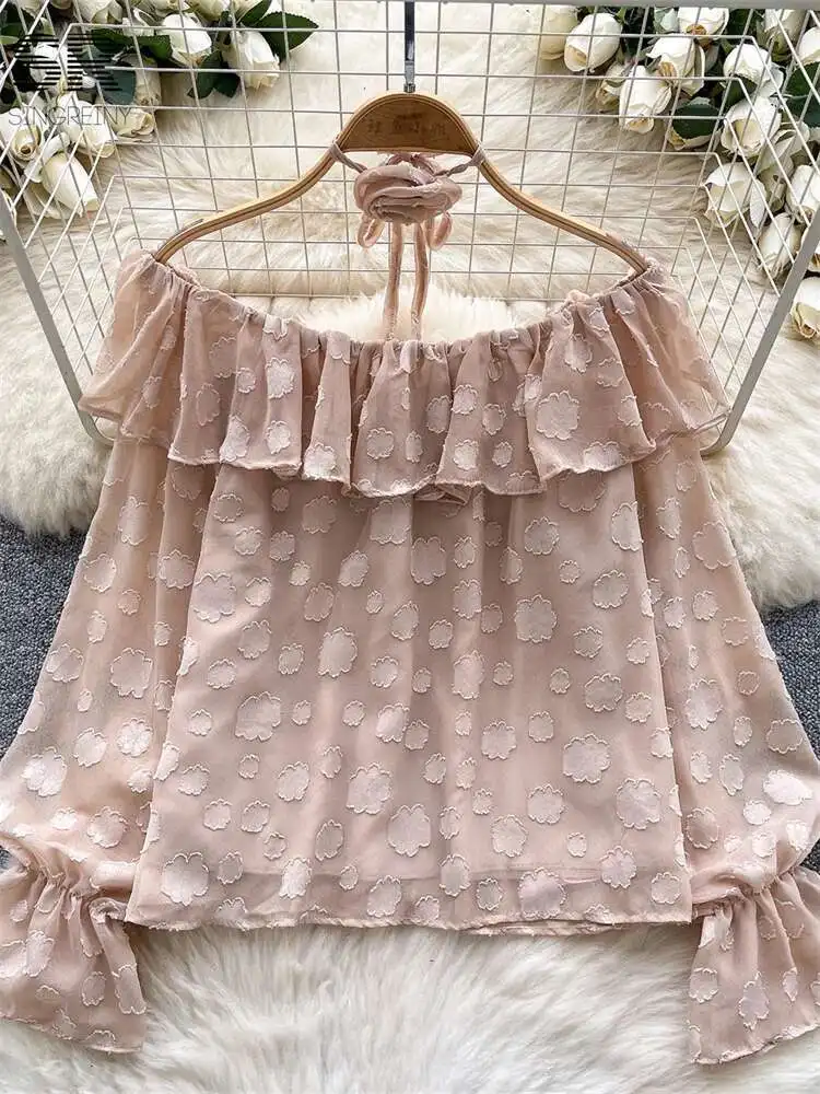 BabYoung Women Ruffle Loose Shirts Off Shoulder Flare Sleeve Temperament Blouse Fashion Wszechstronne letnie topy z haftem kwiatowym
