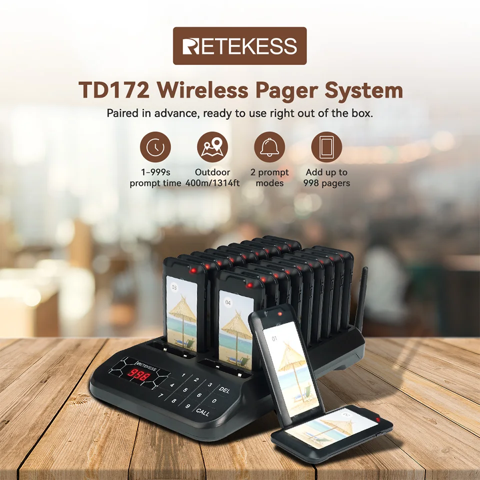 Retekess TD172 Restaurant Pager Wireless Calling Paging System 20 Vibrator Coaster Buzzers One Key Mute Food Truck Cafe Clinic