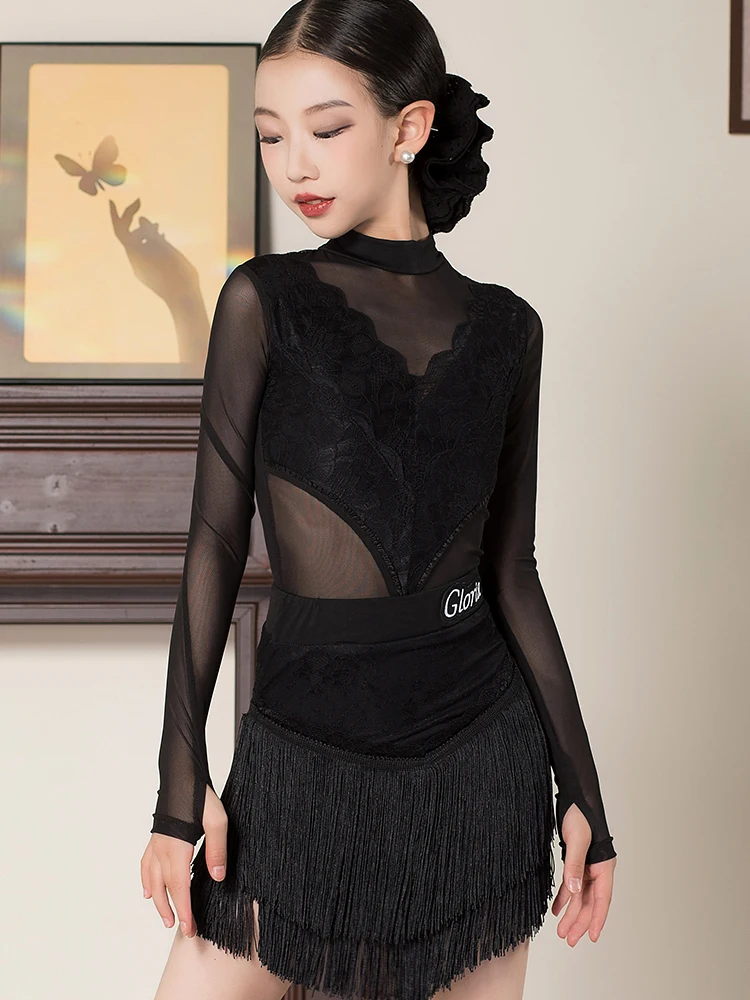 2025 neue Latin Dance Performance Bühne Kostüme Für Mädchen Mesh Ärmeln Quaste Röcke Anzug Samba Chacha Latin Dance Tragen XH 3761