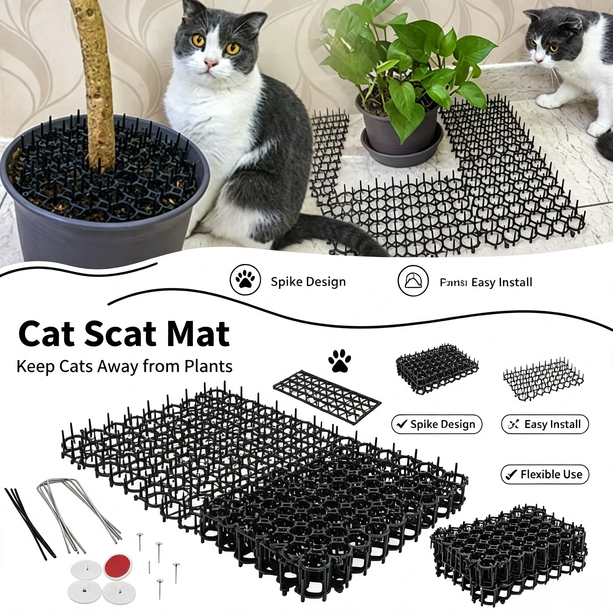 12/24 Pack Cat Deterrent Spike Scat Mat Reusable Pet Repellent Barrier for Indoor Furniture Outdoor Garden Yard Plant Protection