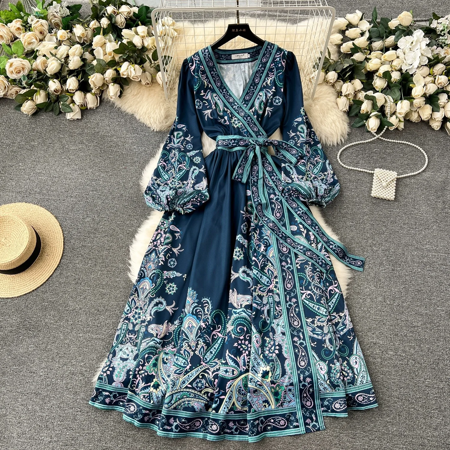 

Vintage Dress Women Long Dresses Print A Line Vestidos Streetwear V Neck Party Lace Up High Waist Elegant Splice Y2k Spring
