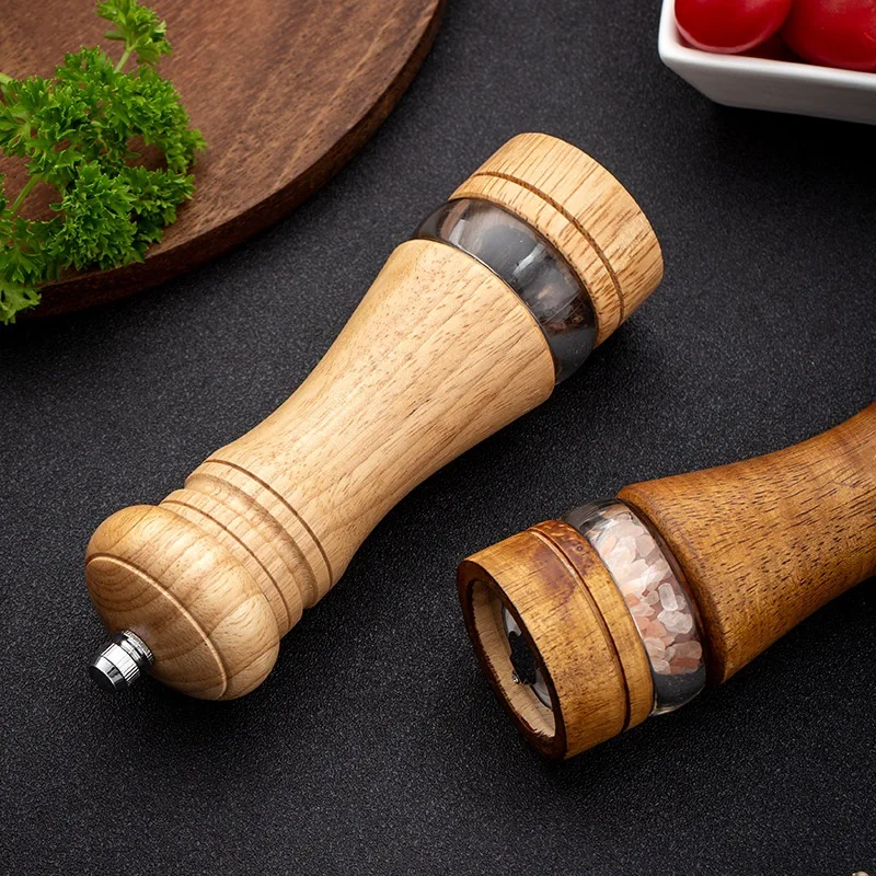 Manual Pepper Grinder Rubber Wood Clear Window 6/8 inch Salt Pepper Mill Kitchen Tools