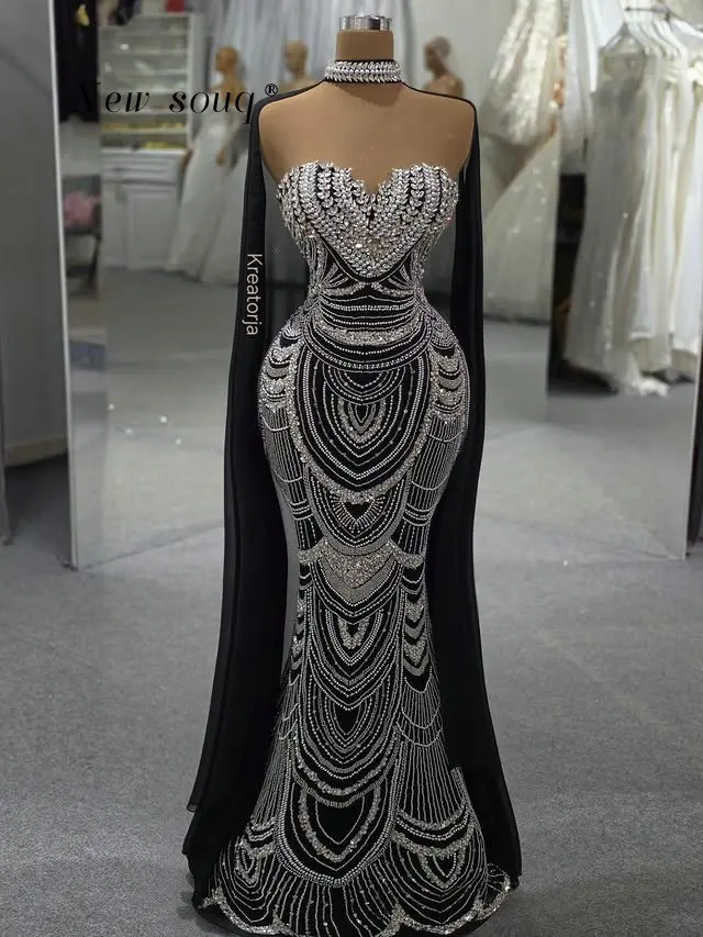 

Black Sparkle Crystals Beaded Sweetheart Neck Mermaid Prom Dresses with Long Cape Customized Modern Fashion Party Gowns for Lady