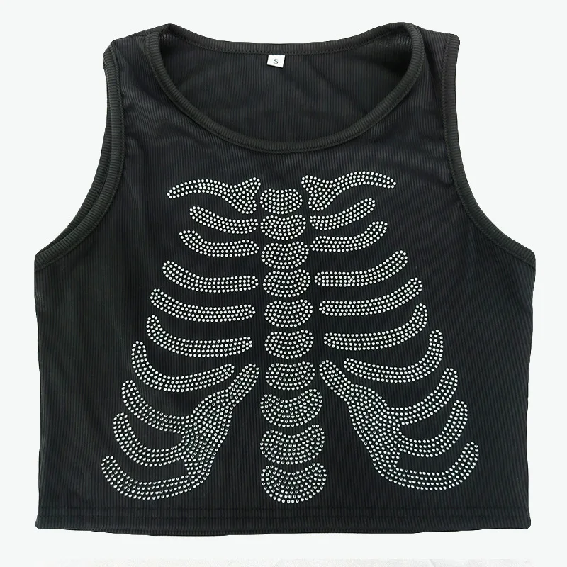 

Модная женская футболка-топ с круглым вырезом, с вышивкой в виде скелета, приталенная, хлопковая, микроэластичная, для повседневной носки...