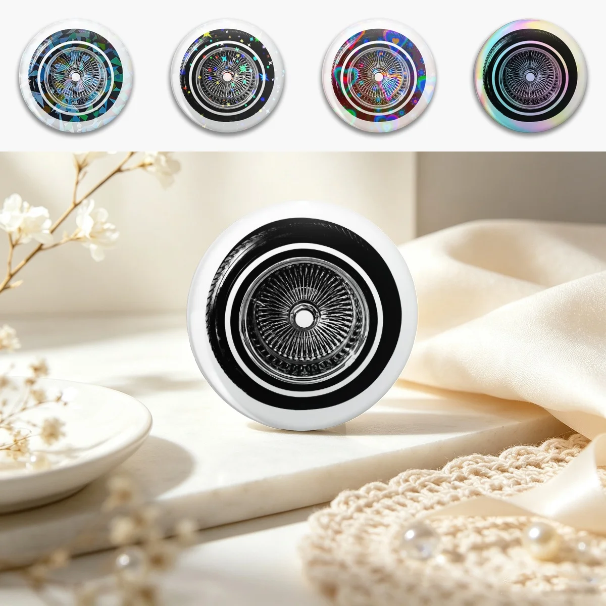 Lowrider Chrome Rims Wire Wheel Hydraulics  Pin Holographic Star Heart Pin Brooches Laminated Button Fashion Accessory