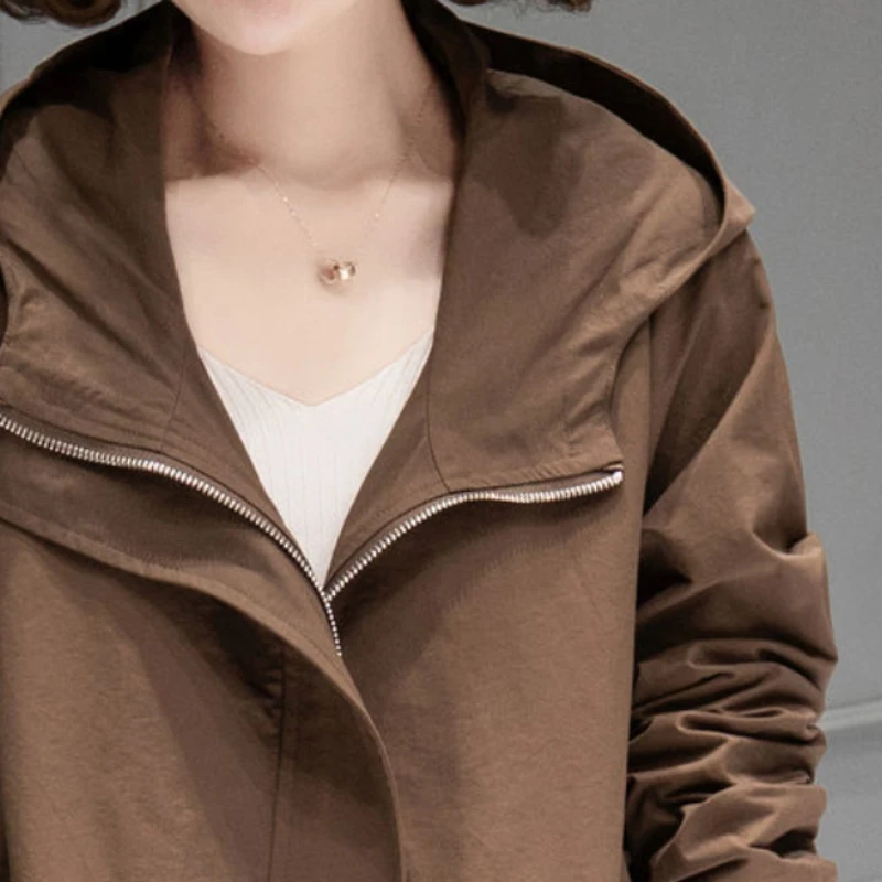 2023 Spring Autumn New Large Size Women Hooded Retro Trench Coat In The Long Design Sense of Niche Cardigan Loose Coat