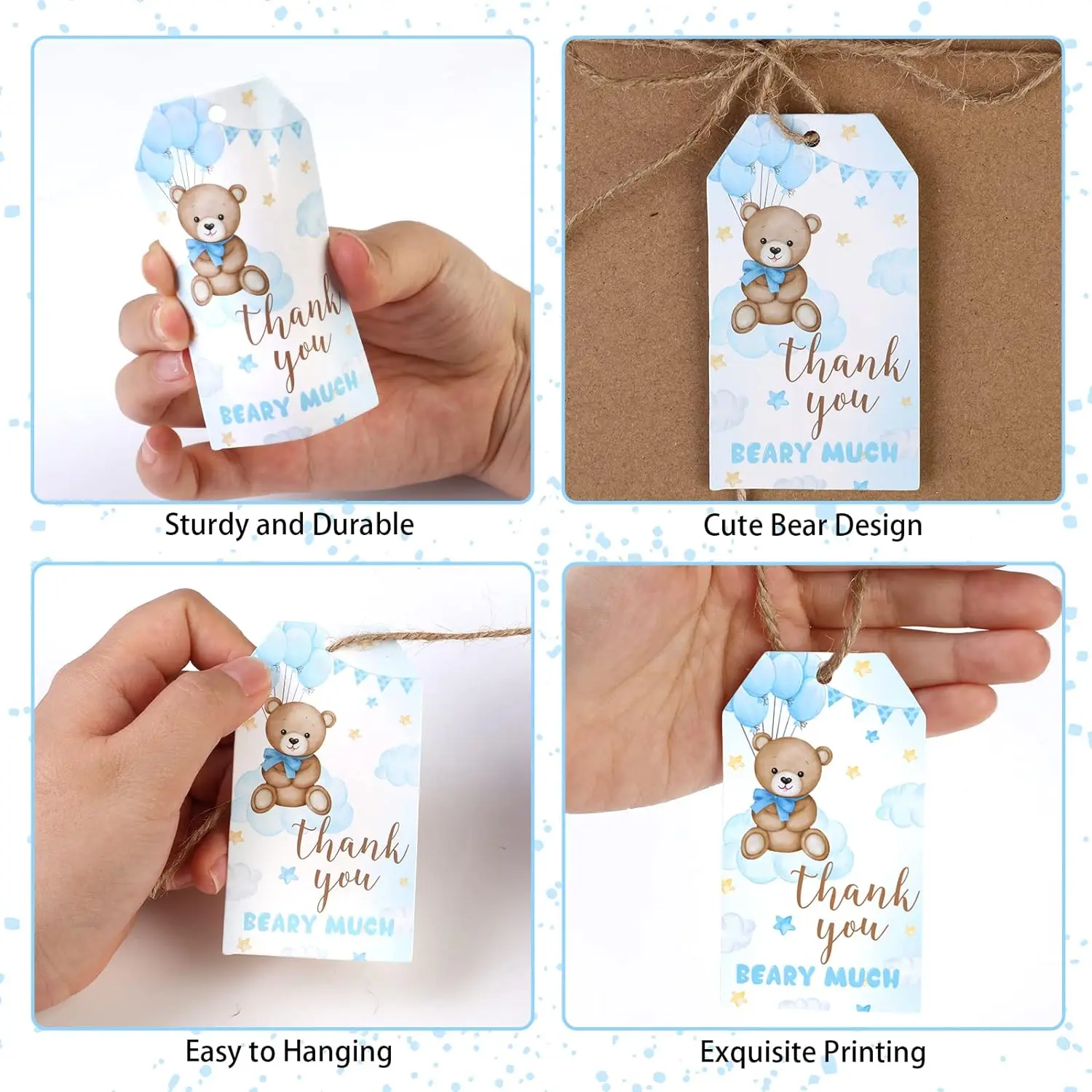 50pcs Bear Thank You Gift Tags ith String for Baby Shower for Celebrating Wedding Birthday Bridal Shower Party Favors