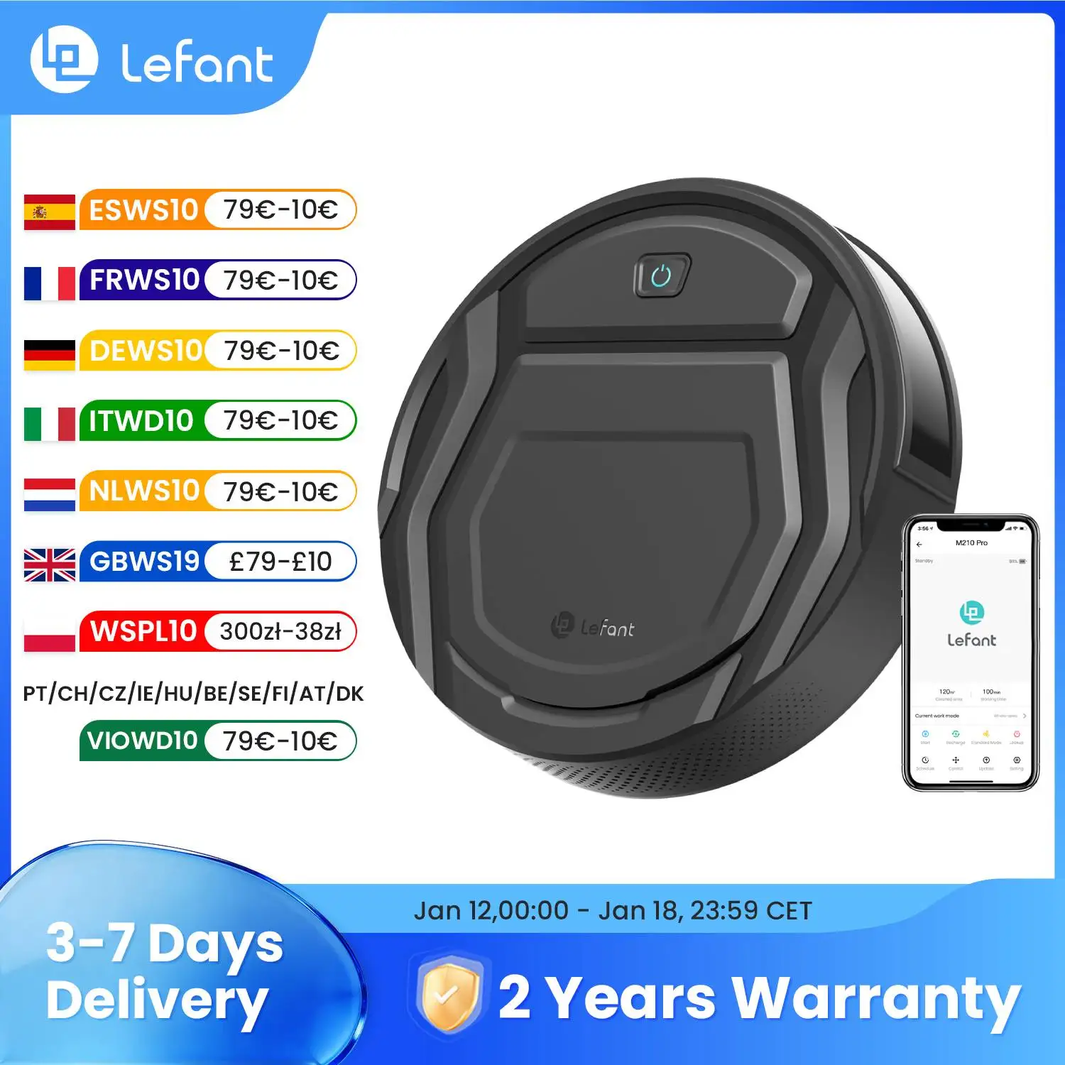 Aspirateur robot Lefant M210 Pro, aspiration puissante de 2200 Pa, autonomie de 120 minutes, charge automatique, contrôle Wi-Fi/App/Alexa