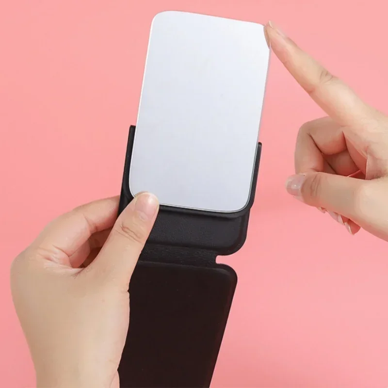 Portable Handheld Makeup Mirror Foldable Desktop Make Up Mirror Solid Color PU Leather Simple Student Compact Cute Pocket Mirror