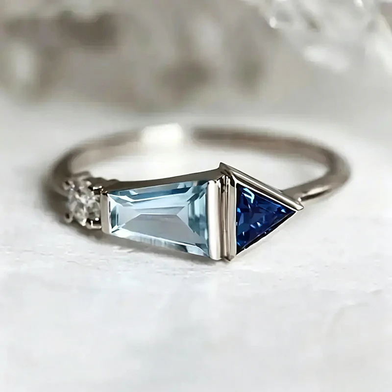 Huitan Women Minialist Ring Geometric Blue Cubic Zirconia Fancy Party Stackable Versatile Daily Silver Color Bohemian Jewelry