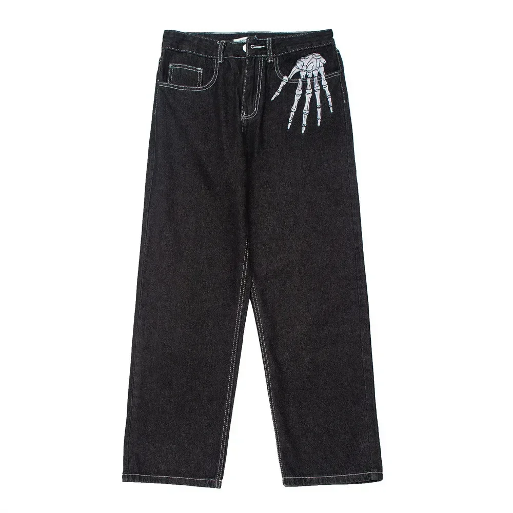 

American Dark-style Men's Jeans with Skeleton Embroidery, High Street Trendy Brand, Loose Wide-leg Casual Straight-leg Pants.