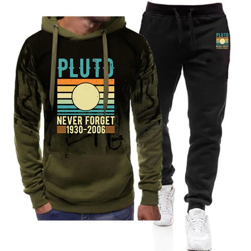 

2025 Never Forget Pluto Retro Style Print Men's Spring And Autumn New Harajuku Gradient Color Hooded+Casual Pants Two Piece Suit