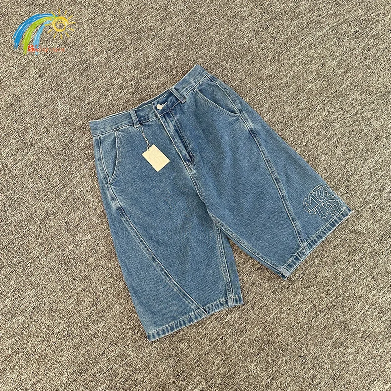 Men Women Casual Fashion Patchwork Splicing Blue Jean Breeches Best Quality Logo Embroidered Mertra Denim Shorts With Tag