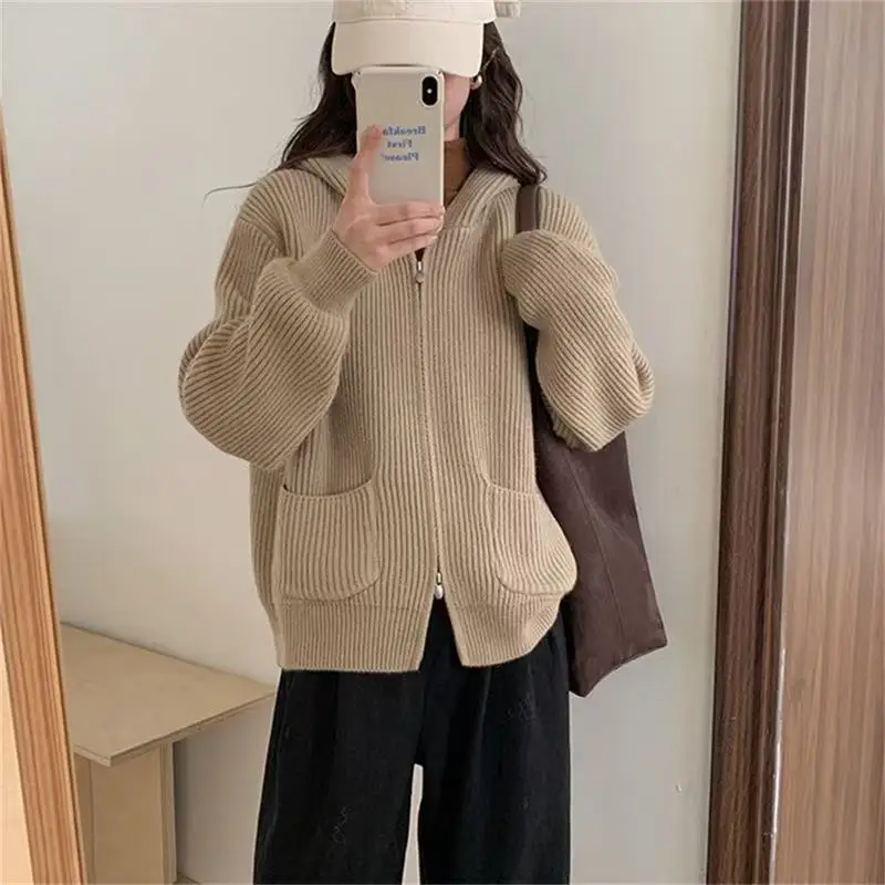 

Korean Sle Autumn Winter New Simple Vertical Stripe ket Hooded Zipper Knitted Open Cardigan Women Loose Long Sve Thic...