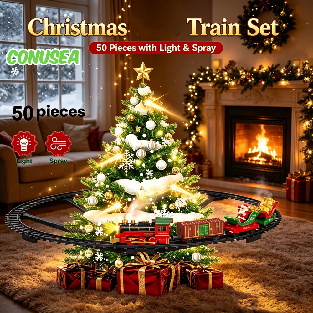 Hanging Christmas Train Electric Classical Train Track Toy with Spray LED Music Children's Railway Locomotive Trucks Model Cars