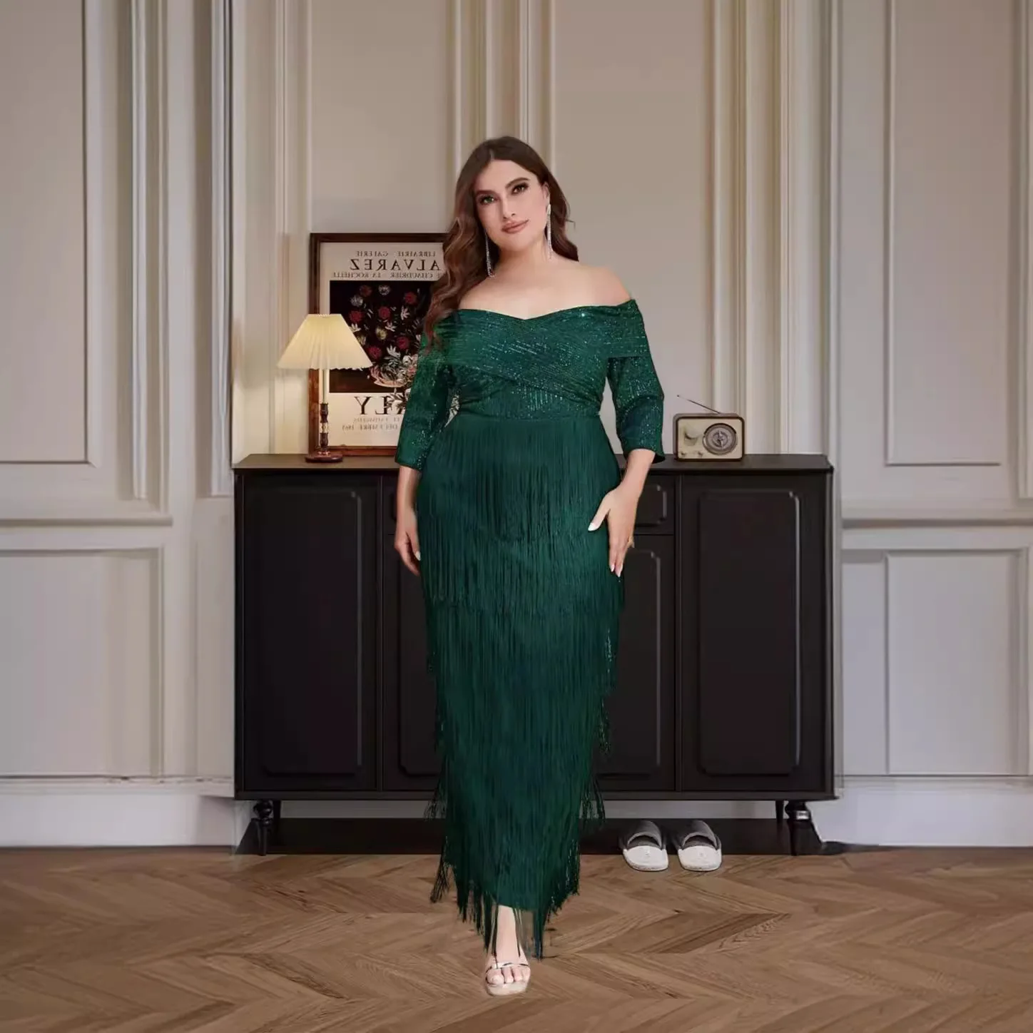 2024 New Plus Size Women Dress Elegant Sequins One Shoulder Tassel Party Dresses Fashion Solid Color Layered Evening Dresses