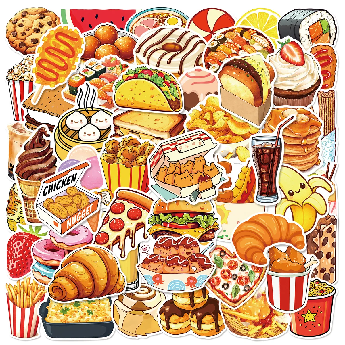 50er-Pack Cartoon Essen Trinken Snack Doodle Aufkleber Wasserdichte Kinder Schreibwaren Notebook Skateboard Aufkleber
