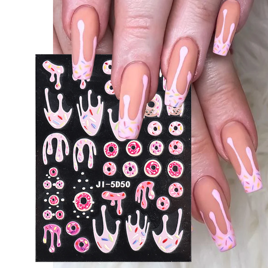 5D stereoscopico Dessert Nail Art Pink Donuts Cake Candy Ice Cream Chocolate Nail Stickers Kawali Cartoon Decoration LEJI-5D50