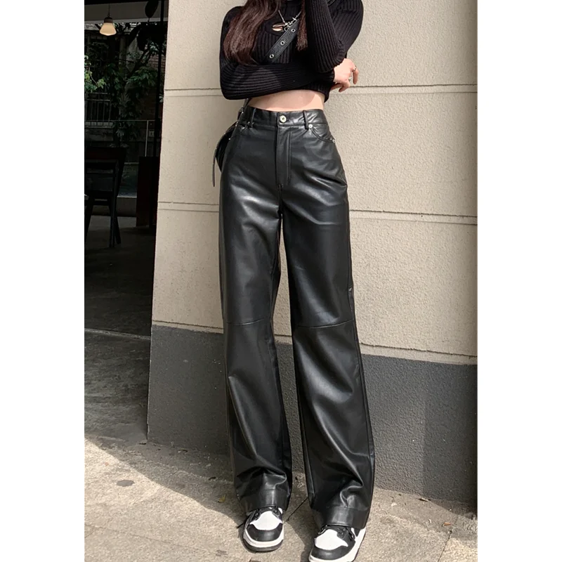 Calça feminina preta de couro vintage, calça reta de cintura alta, moda streetwear americana, perna larga casual, 2023, 2023