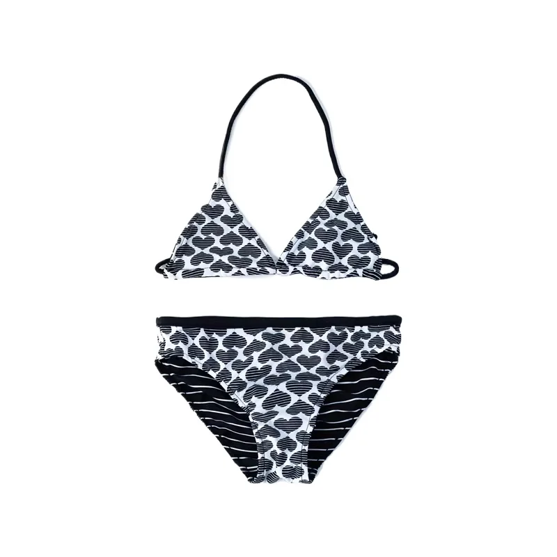 

Детский купальник-бикини для девочек, черно-белый, с принтом в виде сердец, 2 предмета, с завязками на шее, треугольный, для плавания