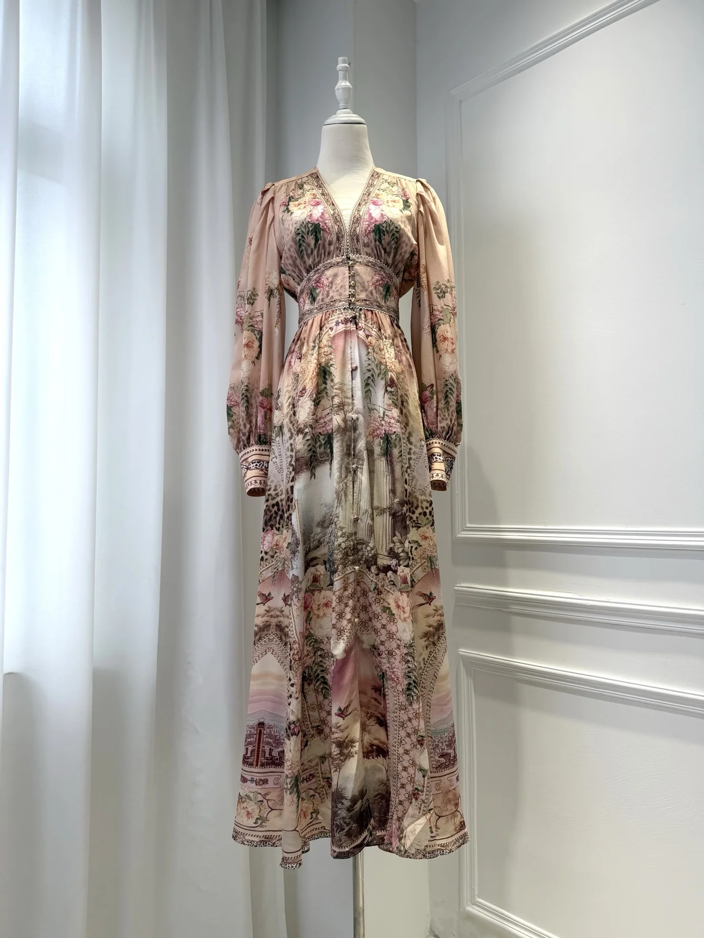 Ladies 100% Silk Retro Maxi Dress Crystal Beaded V-Neck Elastic Waist Lantern Sleeve Floral Printed Elegant Female Robe