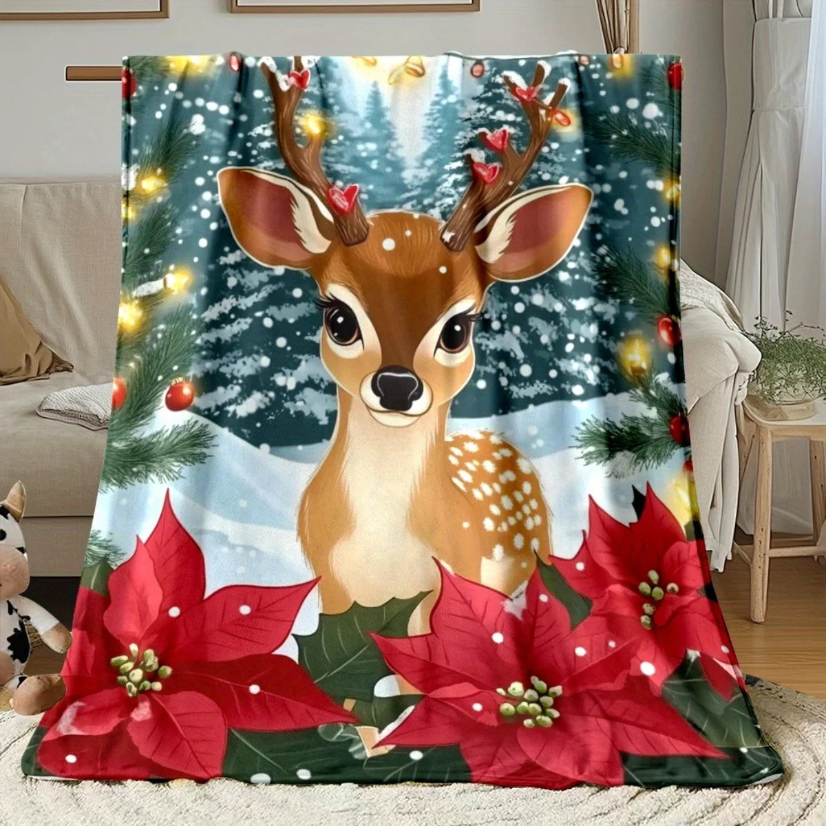 Christmas Deer Poinsettia Snowflake Pattern Fleece Blanket Holiday Festive Animal Print Soft Plush Throw for Winter Season